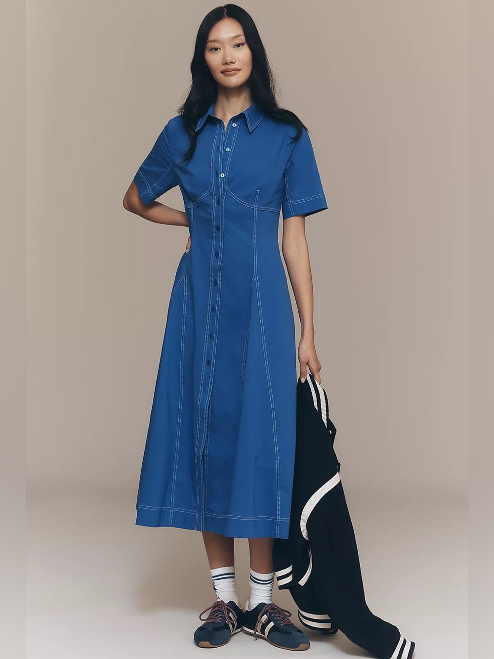 Exquise Nara Seamed Pleated Midi Shirt Dress Sapphire Blue Large NEW NWT